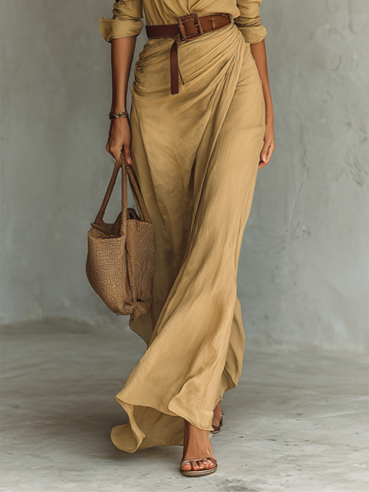 Women's Long Sleeve Maxi Shirt Dress with Belt