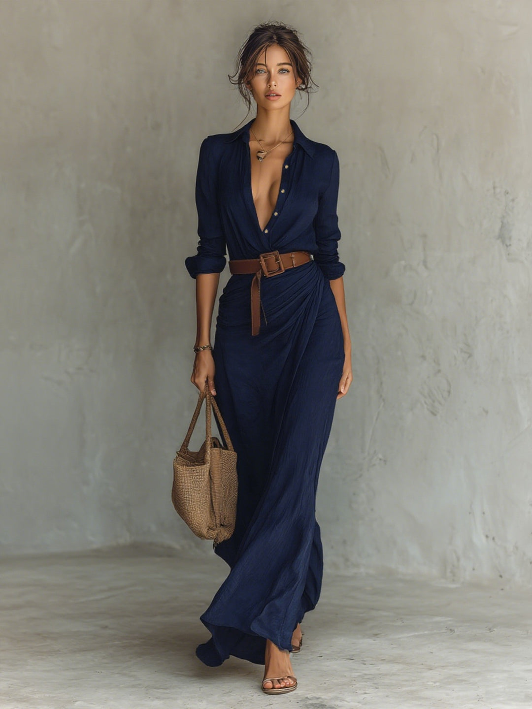 Women's Long Sleeve Maxi Shirt Dress with Belt