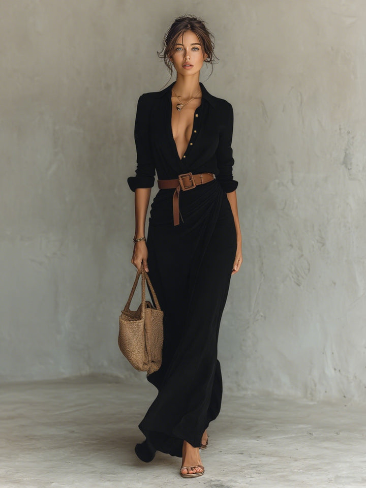 Women's Long Sleeve Maxi Shirt Dress with Belt