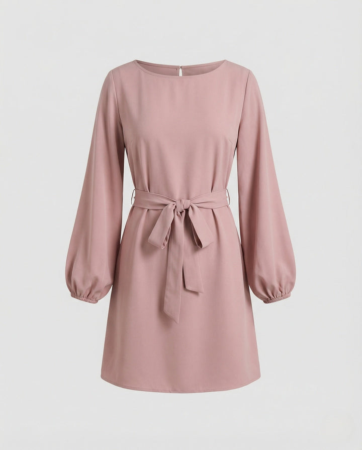 Women's Mini Cocktail Dress with Balloon Sleeves and Tie Belt
