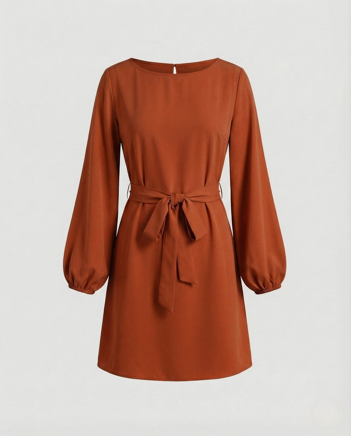 Women's Mini Cocktail Dress with Balloon Sleeves and Tie Belt