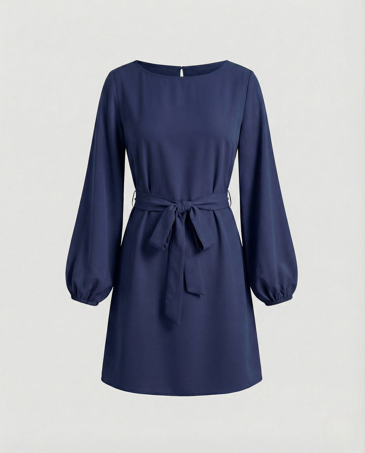 Women's Mini Cocktail Dress with Balloon Sleeves and Tie Belt