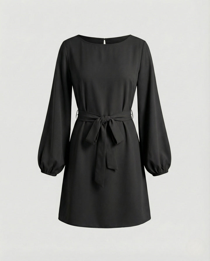 Women's Mini Cocktail Dress with Balloon Sleeves and Tie Belt
