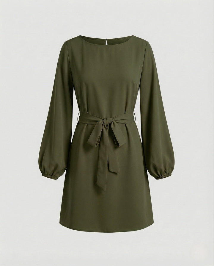 Women's Mini Cocktail Dress with Balloon Sleeves and Tie Belt