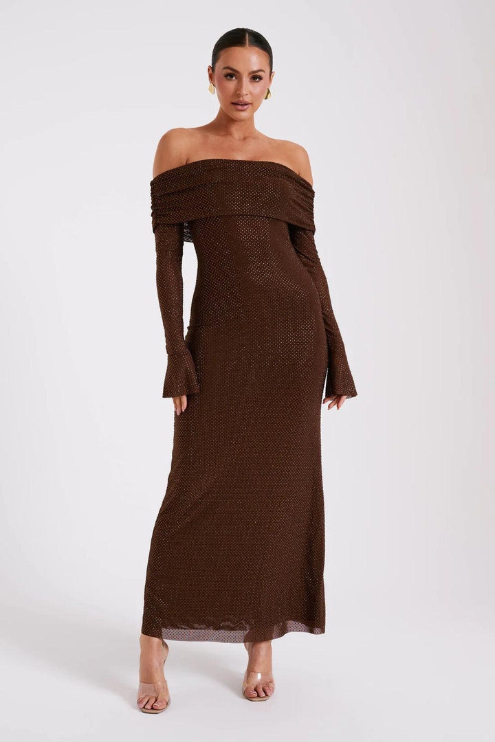Women's Off Shoulder Sequin Maxi Dress with Long Sleeves