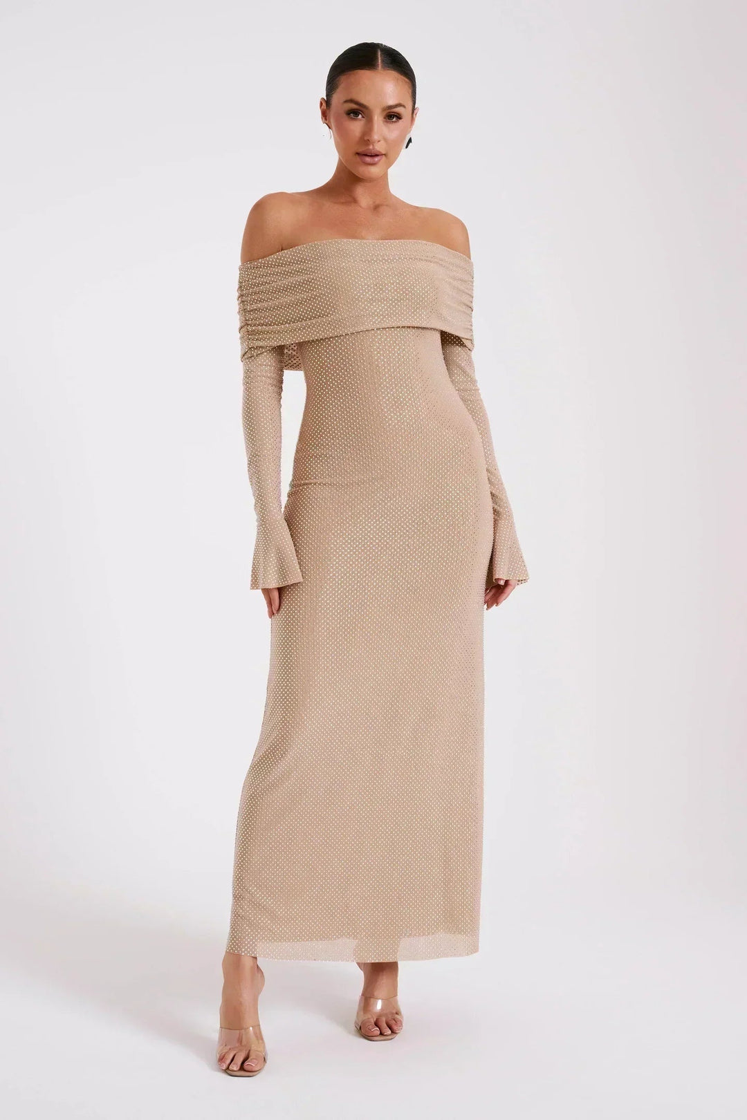 Women's Off Shoulder Sequin Maxi Dress with Long Sleeves