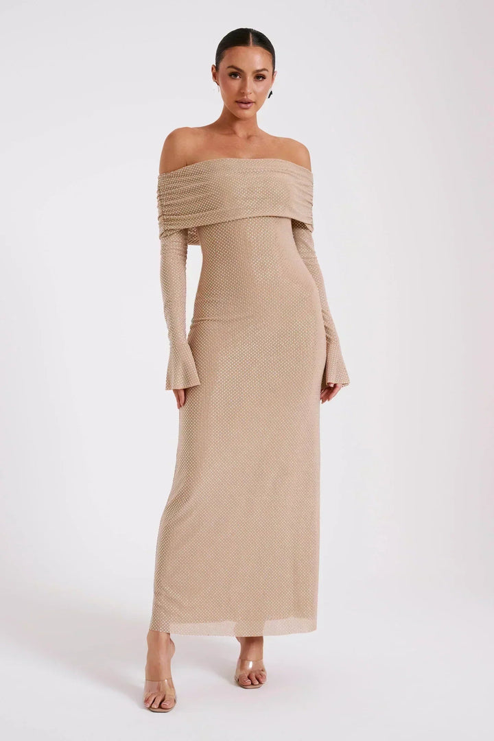 Women's Off Shoulder Sequin Maxi Dress with Long Sleeves