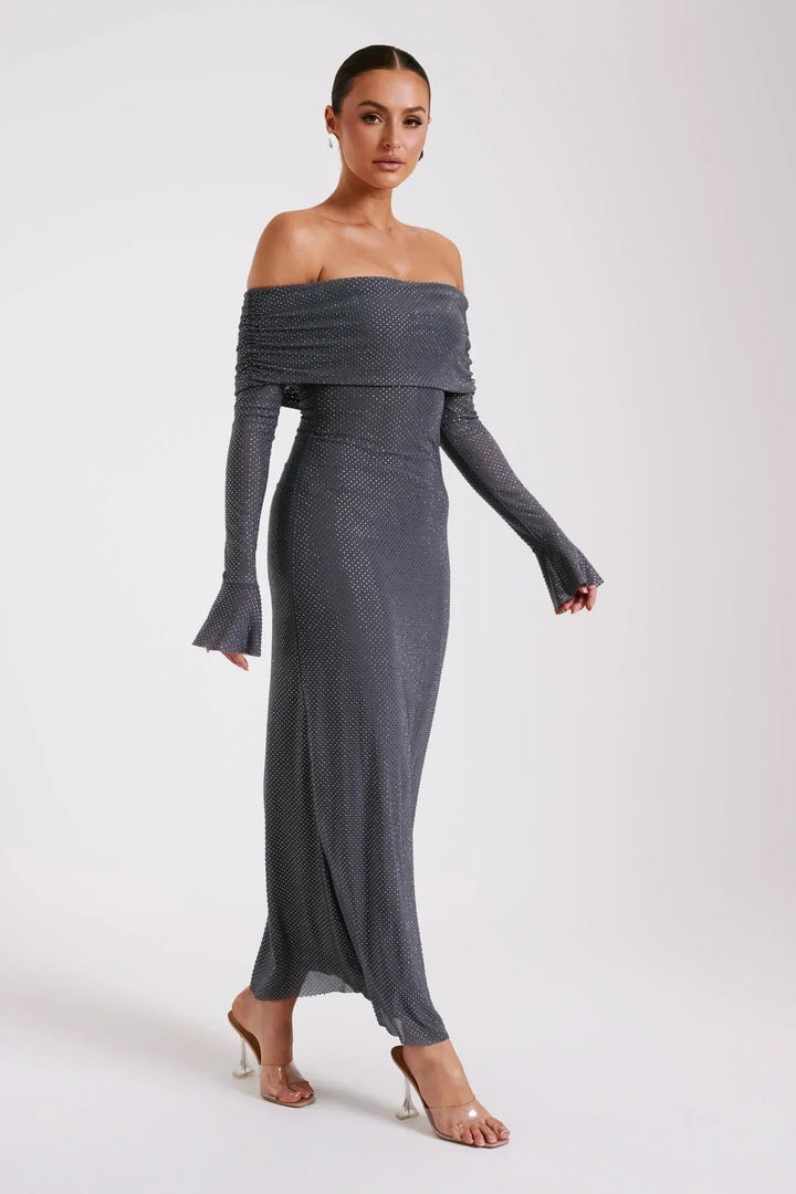 Women's Off Shoulder Sequin Maxi Dress with Long Sleeves