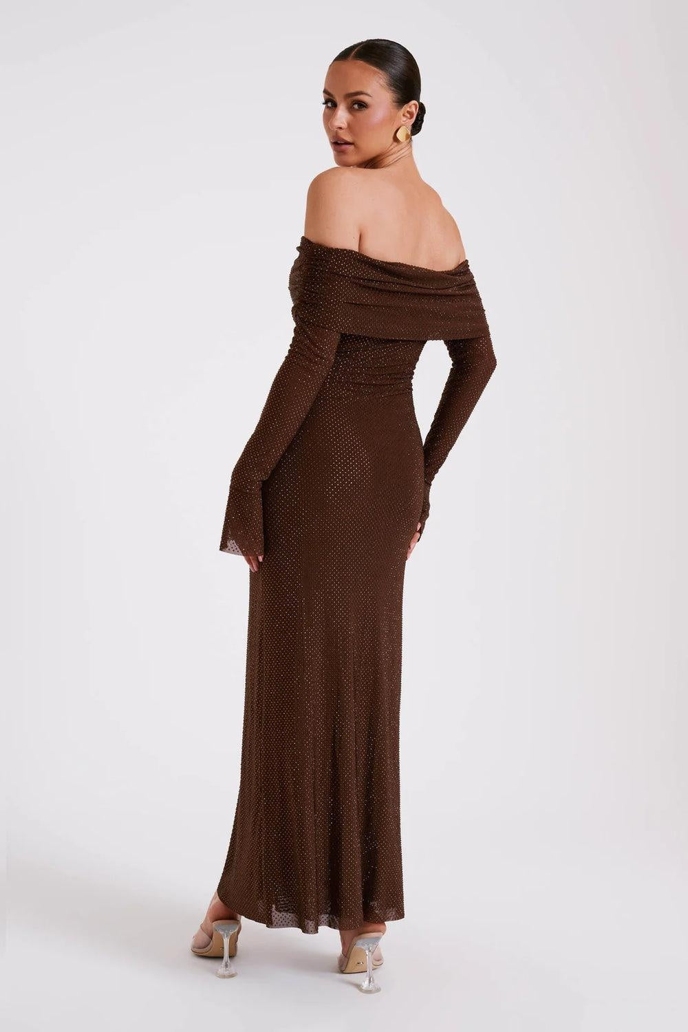 Women's Off Shoulder Sequin Maxi Dress with Long Sleeves