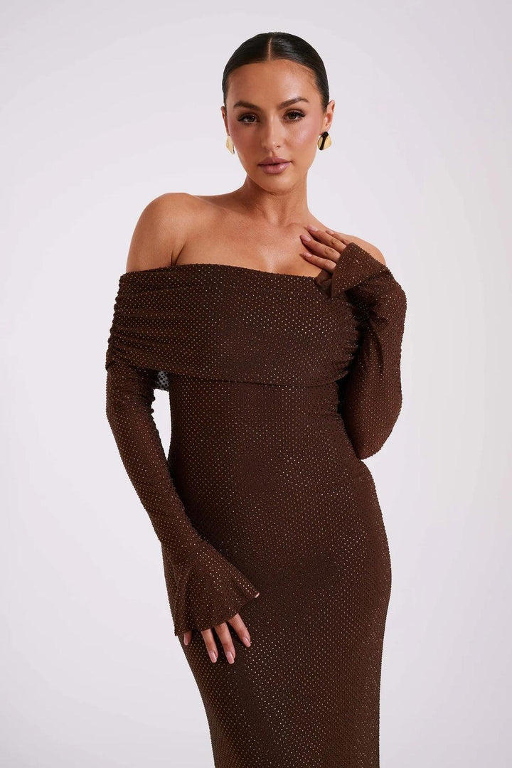 Women's Off Shoulder Sequin Maxi Dress with Long Sleeves