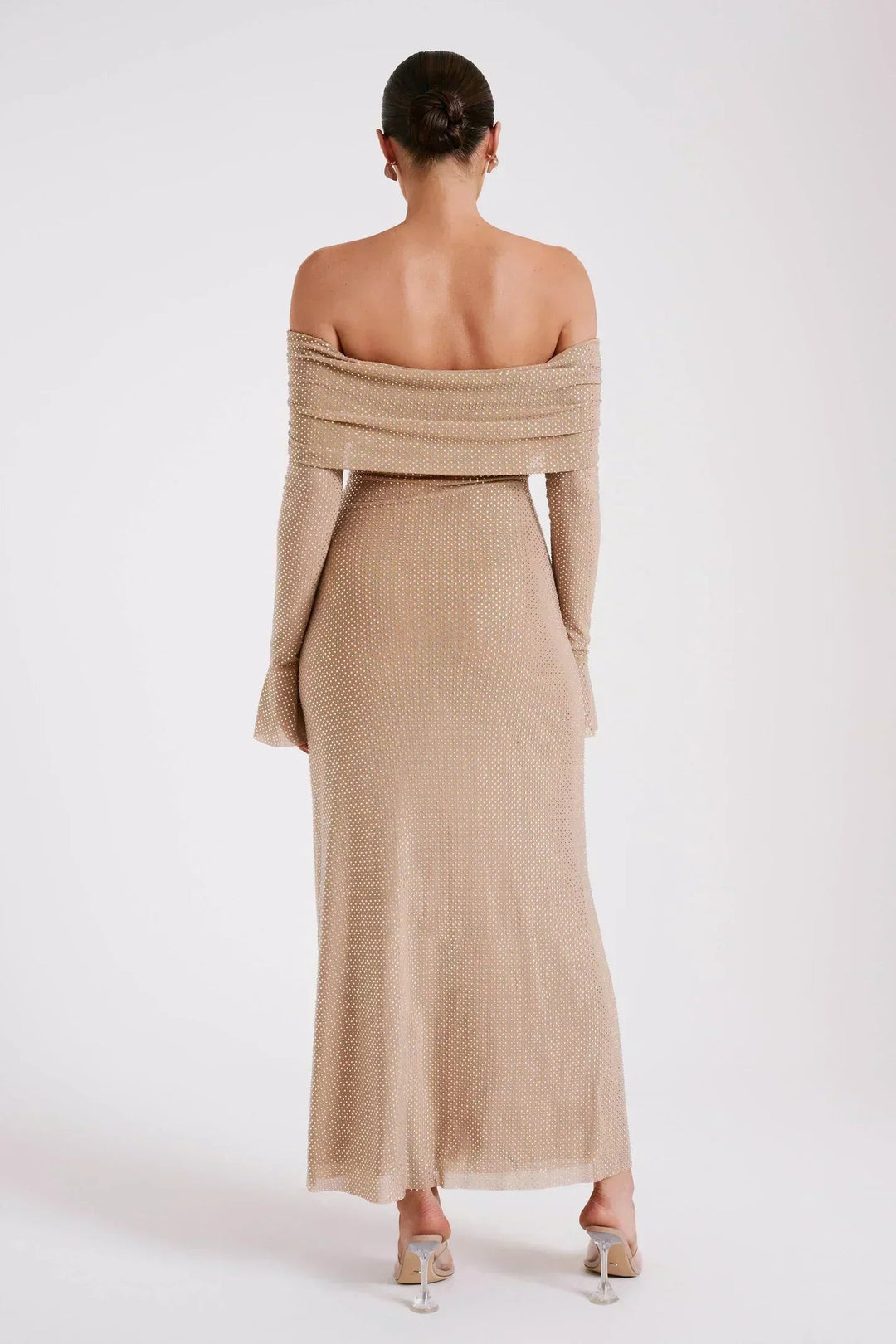 Women's Off Shoulder Sequin Maxi Dress with Long Sleeves