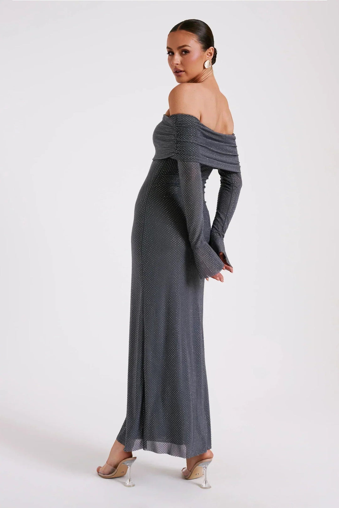 Women's Off Shoulder Sequin Maxi Dress with Long Sleeves