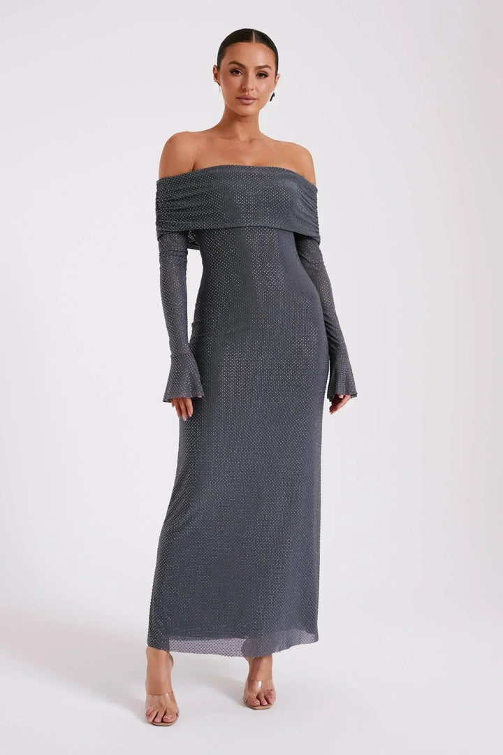 Women's Off Shoulder Sequin Maxi Dress with Long Sleeves