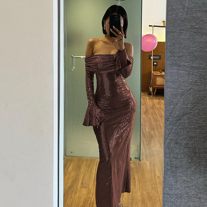 Women's Off Shoulder Sequin Maxi Dress with Long Sleeves