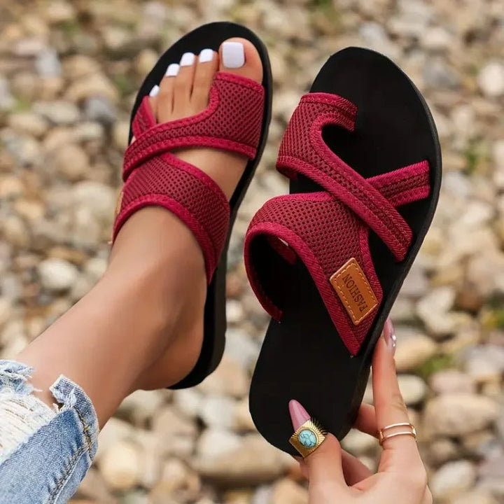 Women's Open Toe Slide Sandals with Criss Cross Mesh Straps