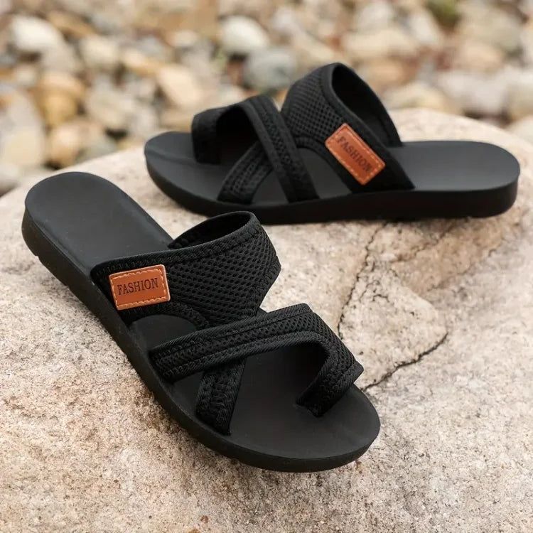 Women's Open Toe Slide Sandals with Criss Cross Mesh Straps