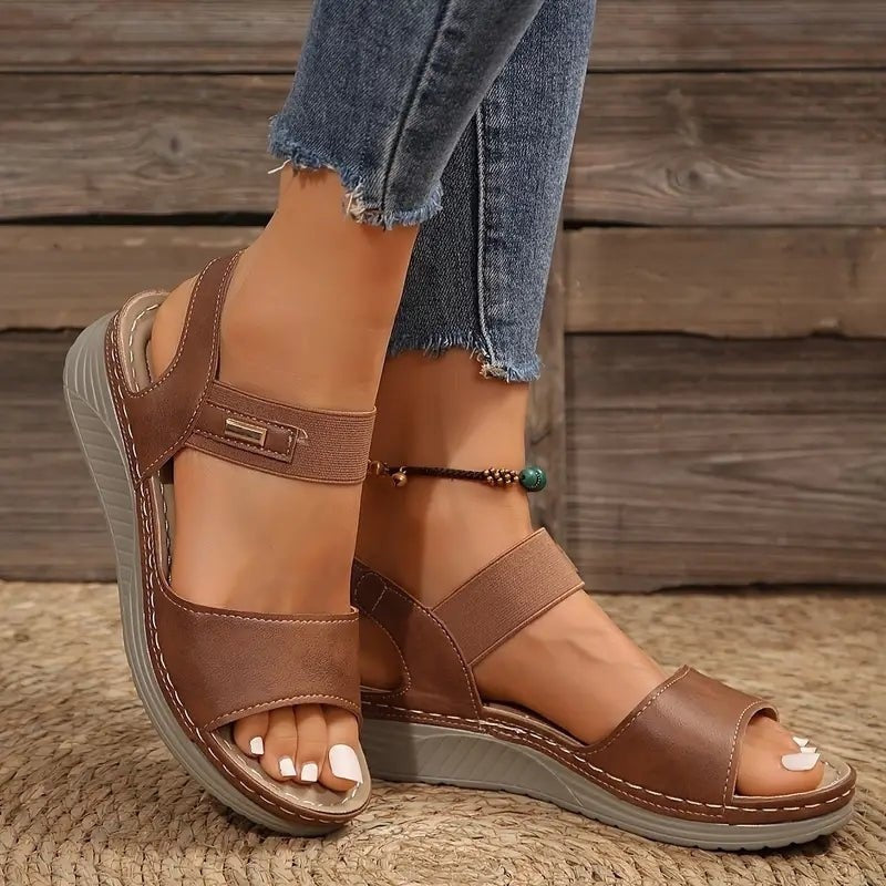 Women's Open Toe Wedge Sandals with Elastic Ankle Strap