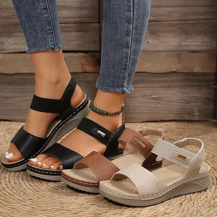 Women's Open Toe Wedge Sandals with Elastic Ankle Strap