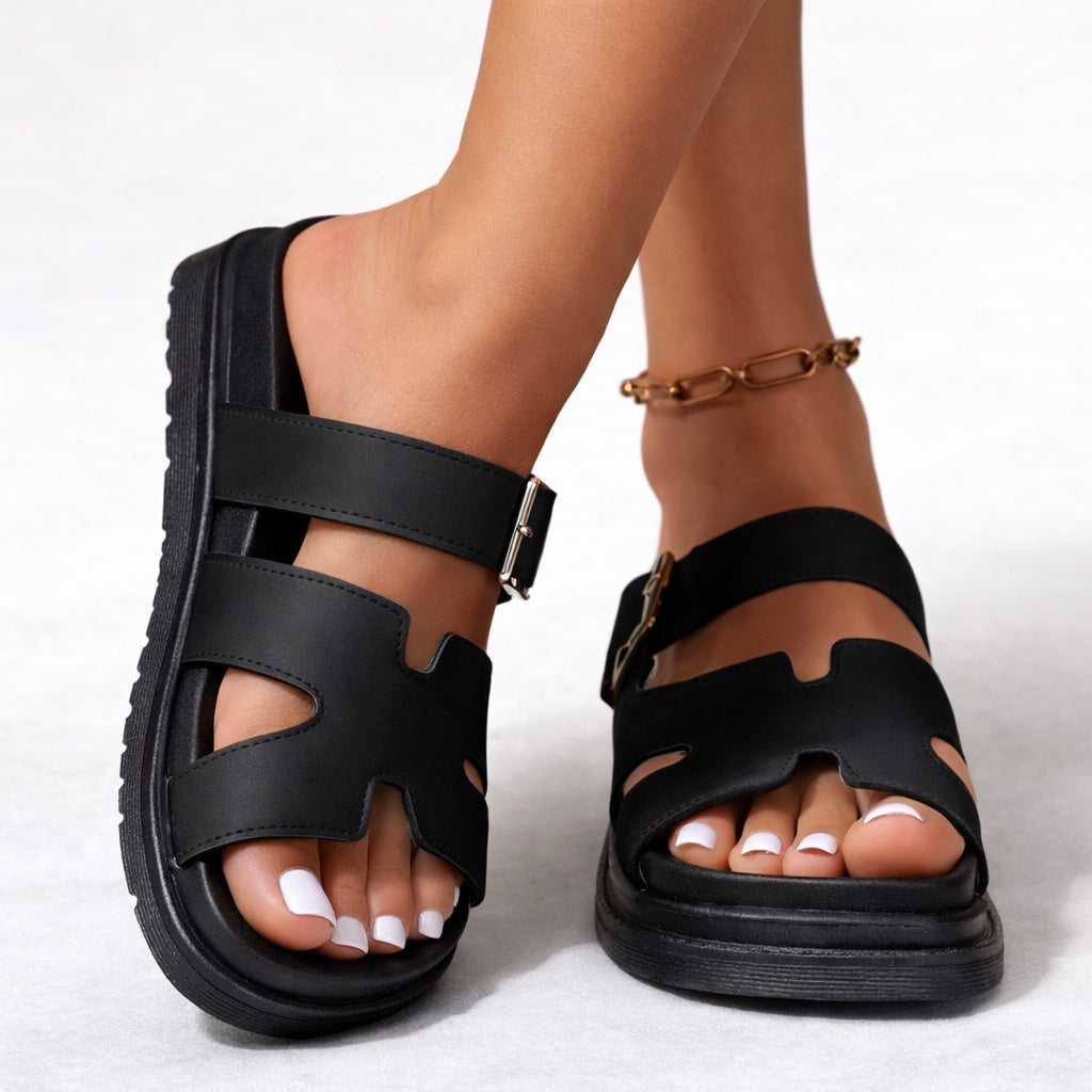 Women's Platform Slide Sandals with Buckle Strap