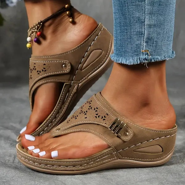 Women's Platform Wedge Sandals Suede-Look with Laser Cut Detail
