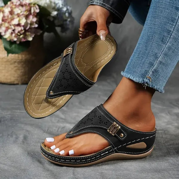 Women's Platform Wedge Sandals Suede-Look with Laser Cut Detail