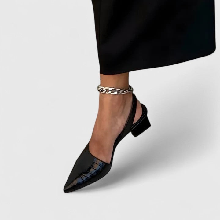 Women's Pointed Toe Slingback Low Block Heels Croc-Effect
