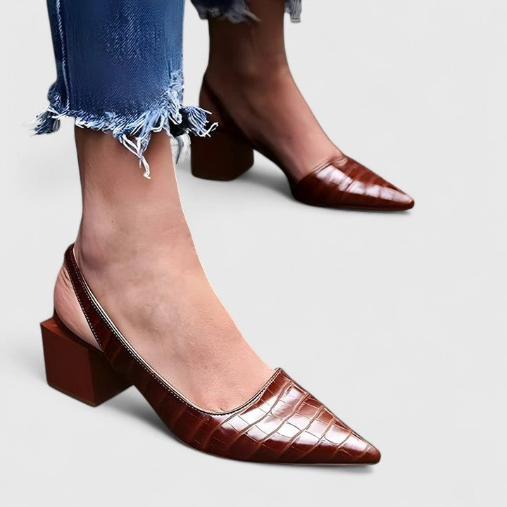 Women's Pointed Toe Slingback Low Block Heels Croc-Effect
