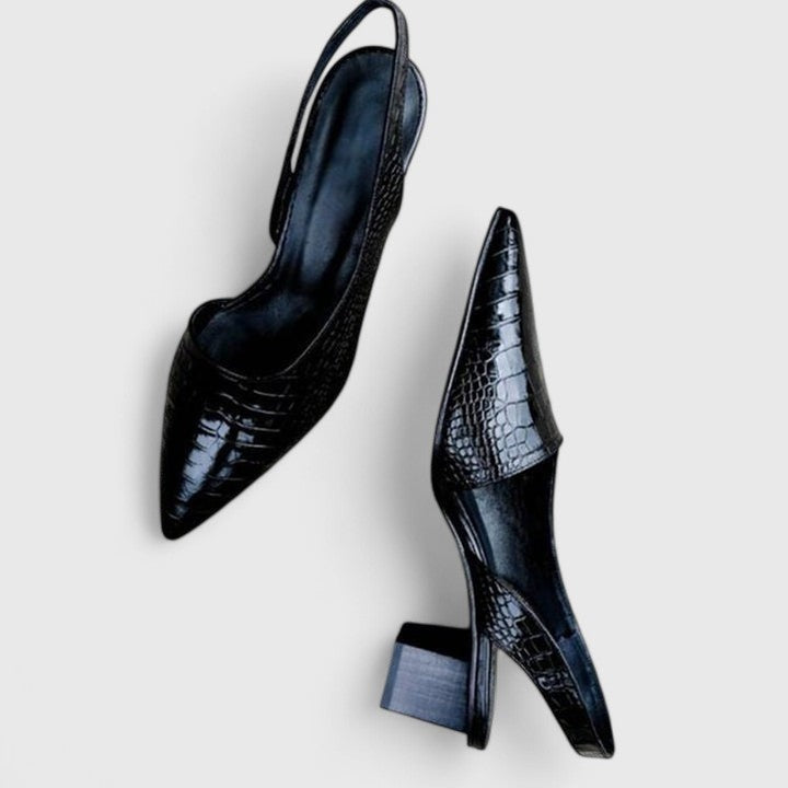 Women's Pointed Toe Slingback Low Block Heels Croc-Effect