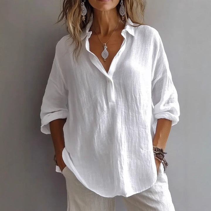Women's Relaxed Linen Shirt Blouse with Half Button Placket