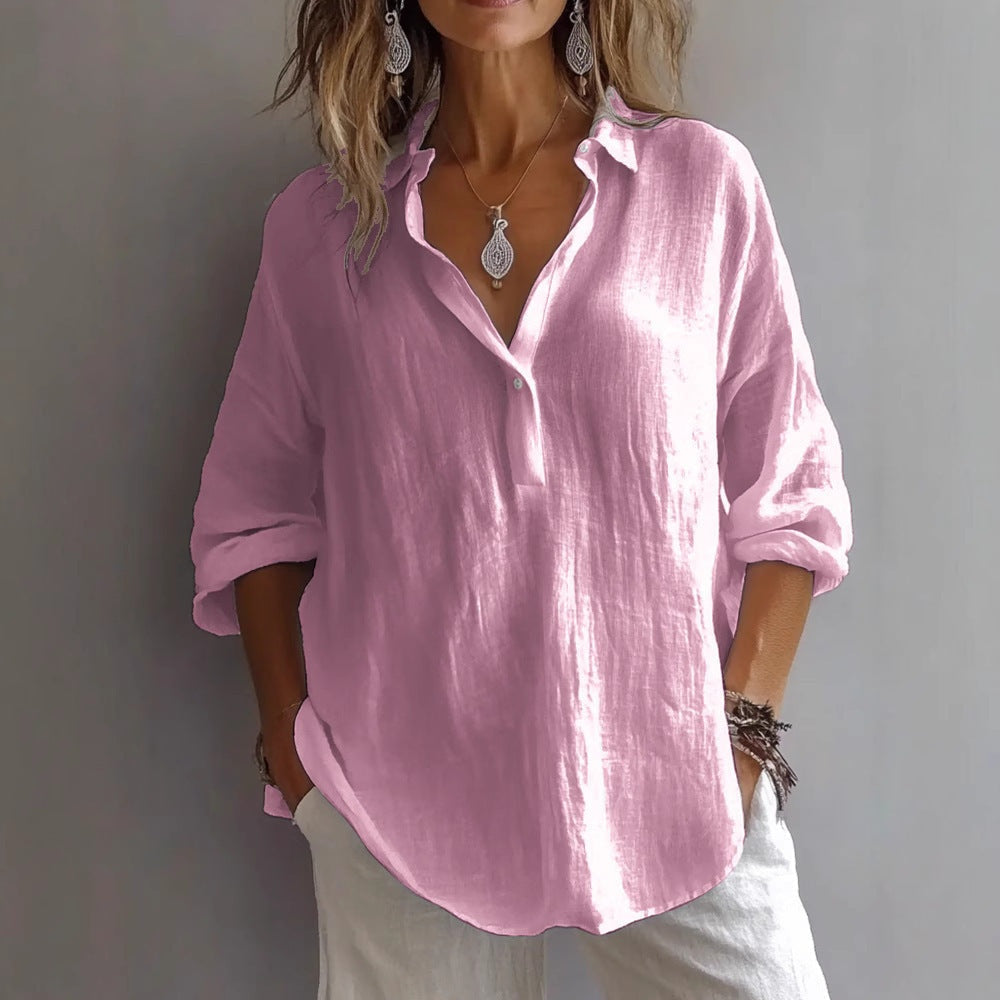 Women's Relaxed Linen Shirt Blouse with Half Button Placket