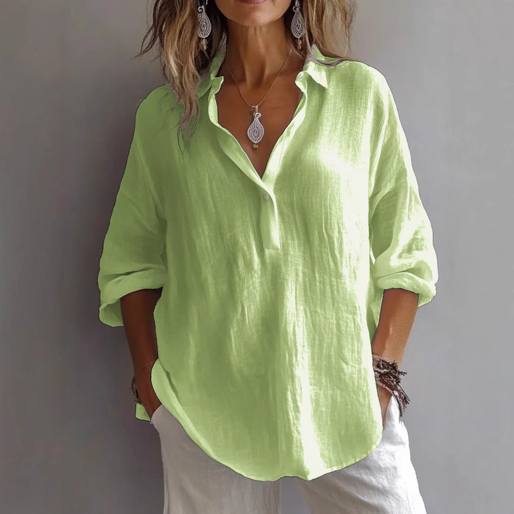 Women's Relaxed Linen Shirt Blouse with Half Button Placket