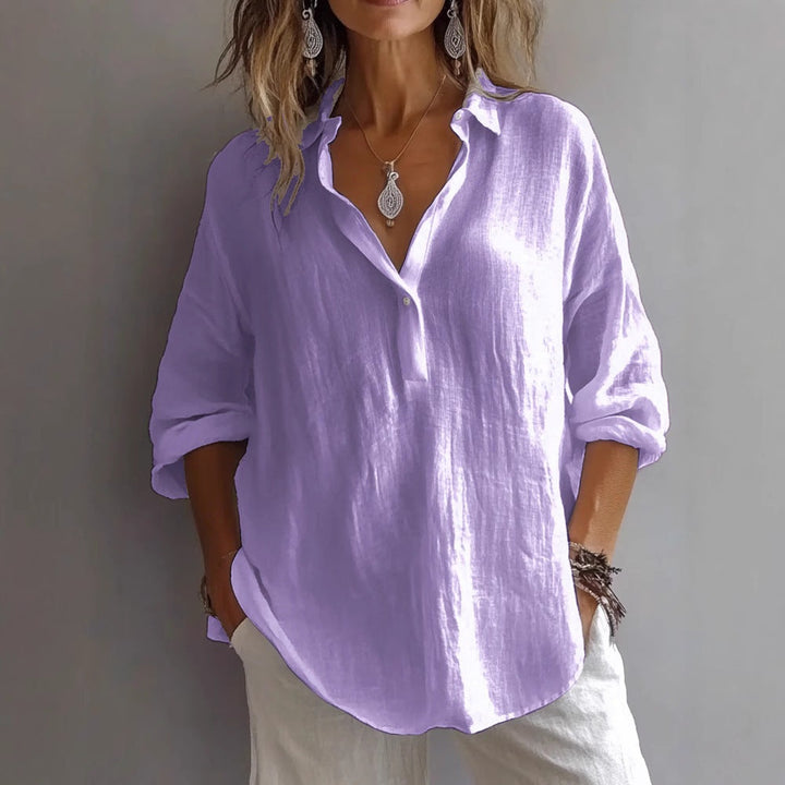 Women's Relaxed Linen Shirt Blouse with Half Button Placket