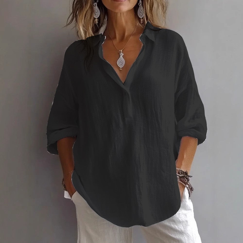 Women's Relaxed Linen Shirt Blouse with Half Button Placket