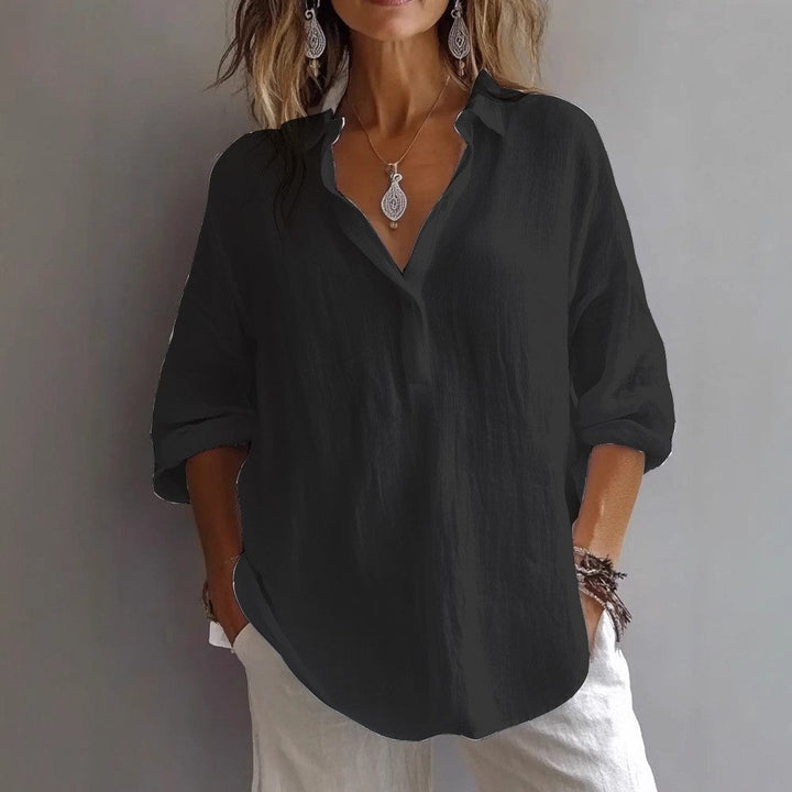 Women's Relaxed Linen Shirt Blouse with Half Button Placket