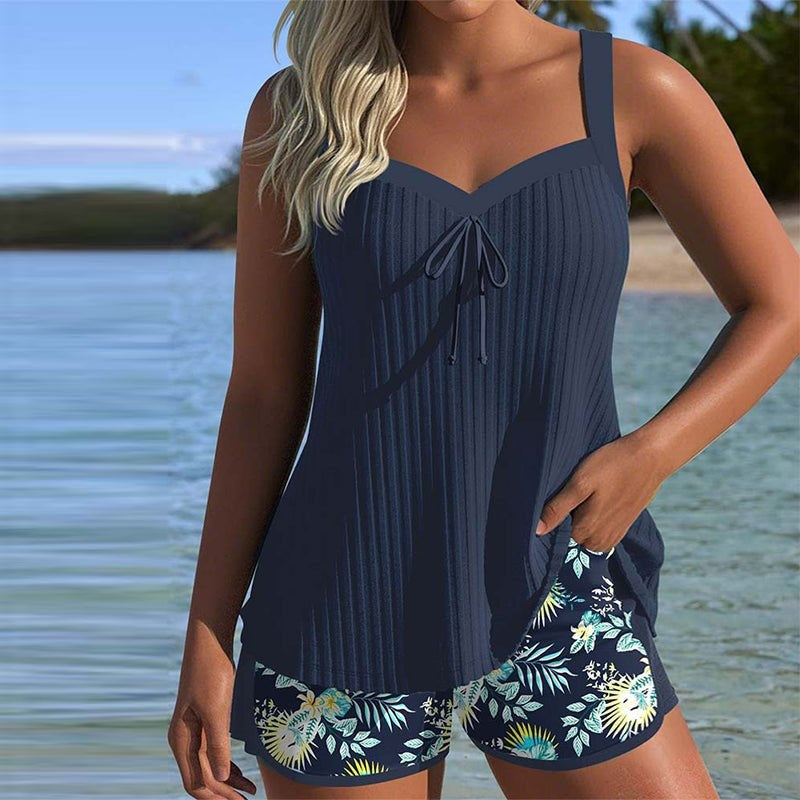 Women's Ribbed Tankini Set with Printed Swim Shorts