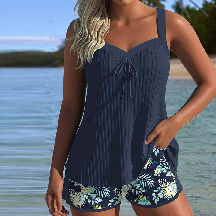 Women's Ribbed Tankini Set with Printed Swim Shorts