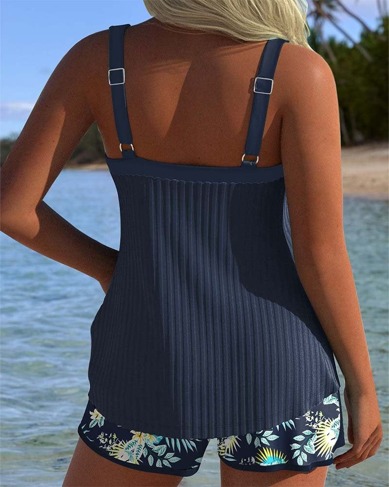 Women's Ribbed Tankini Set with Printed Swim Shorts