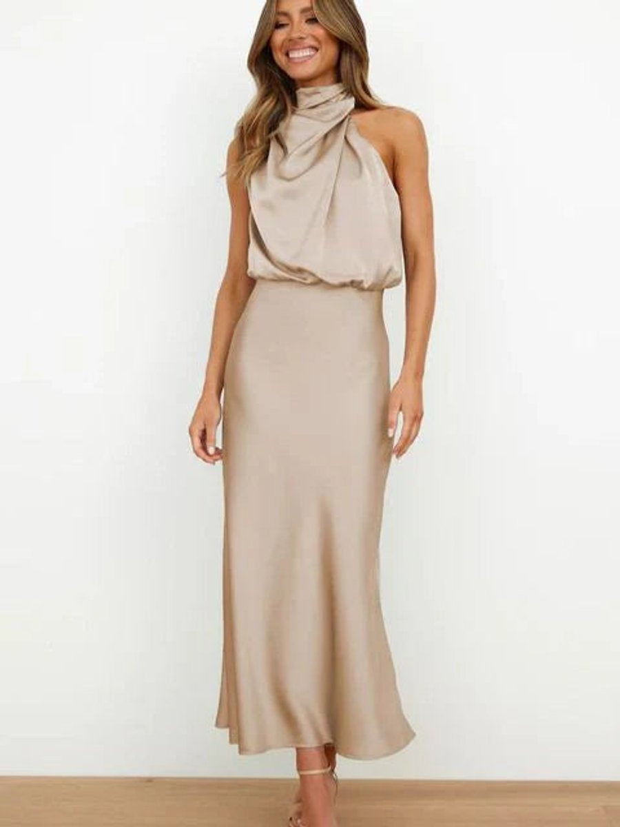 Women's Satin Halter Midi Cocktail Dress