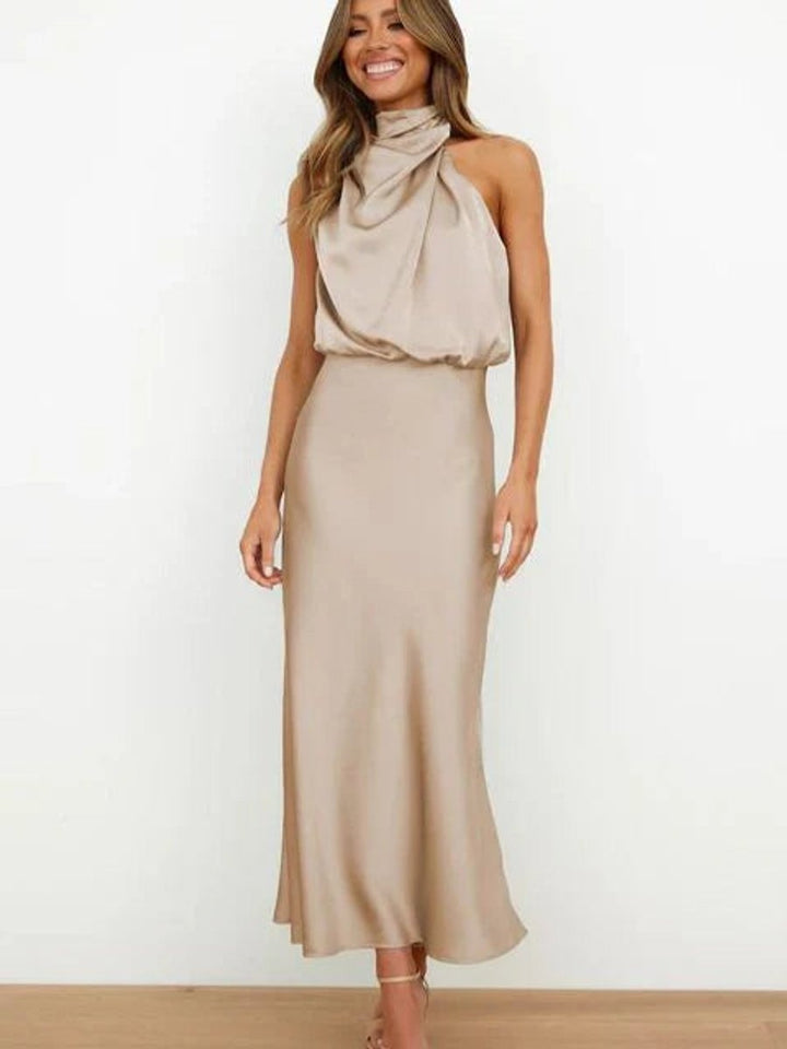 Women's Satin Halter Midi Cocktail Dress