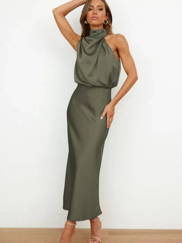 Women's Satin Halter Midi Cocktail Dress
