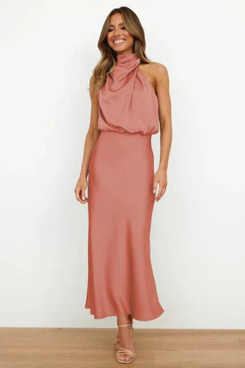 Women's Satin Halter Midi Cocktail Dress