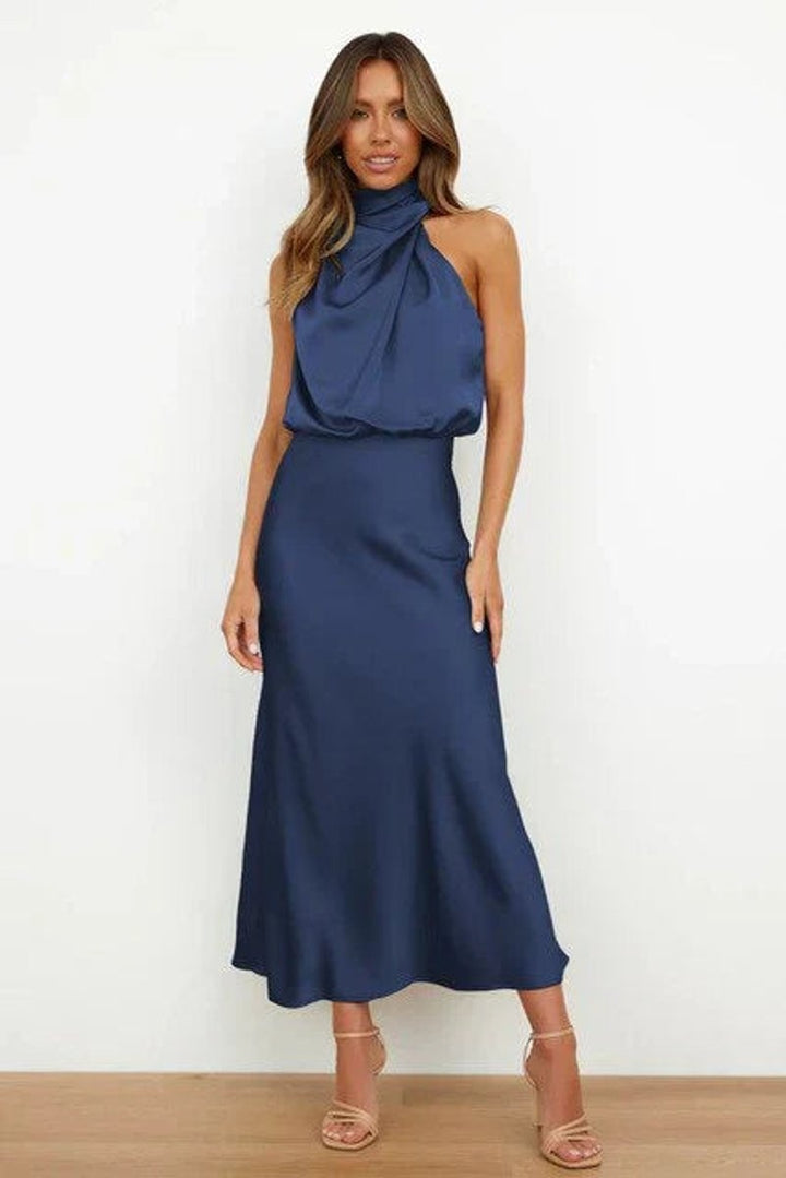 Women's Satin Halter Midi Cocktail Dress