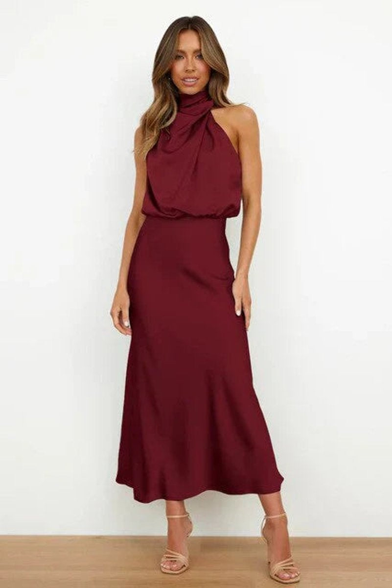 Women's Satin Halter Midi Cocktail Dress