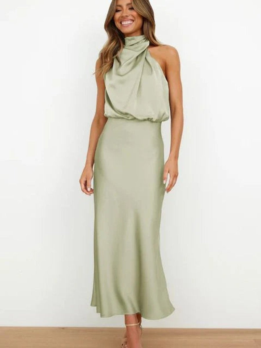Women's Satin Halter Midi Cocktail Dress
