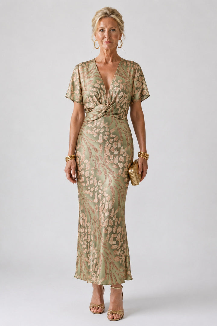 Women's Satin-Look Cocktail Midi Dress with Twist Waist