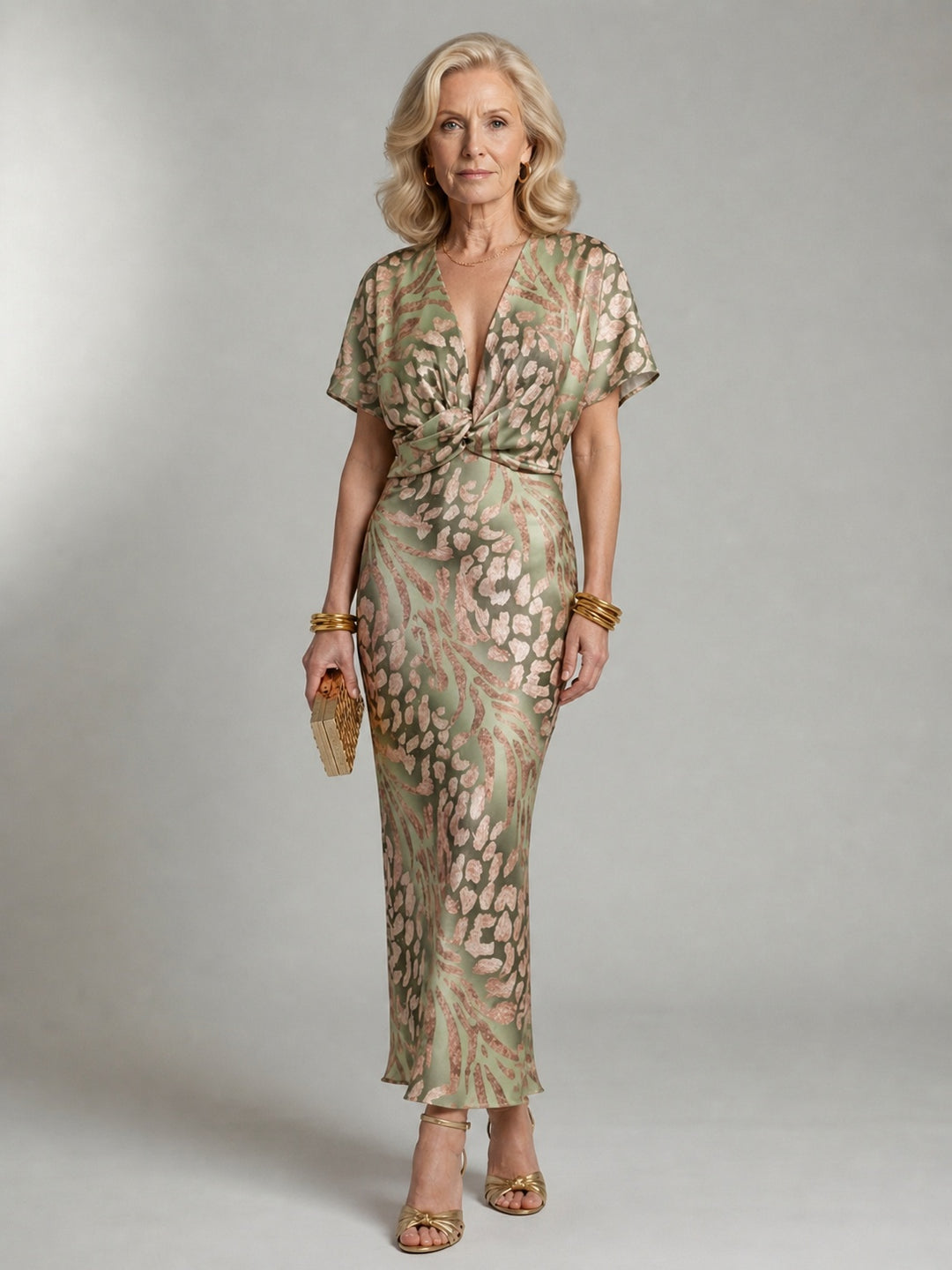 Women's Satin-Look Cocktail Midi Dress with Twist Waist