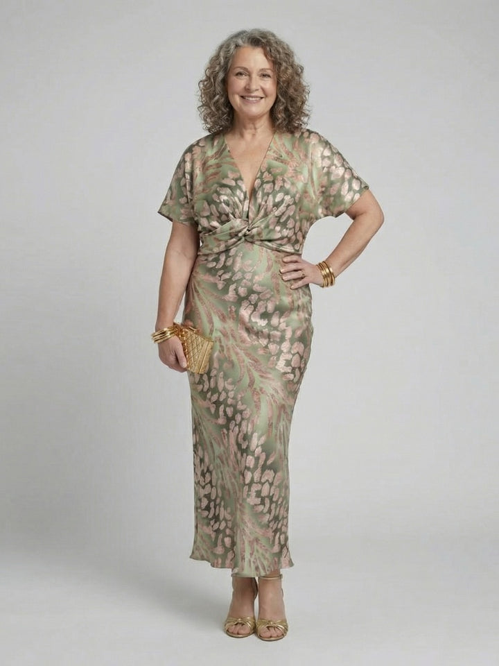 Women's Satin-Look Cocktail Midi Dress with Twist Waist