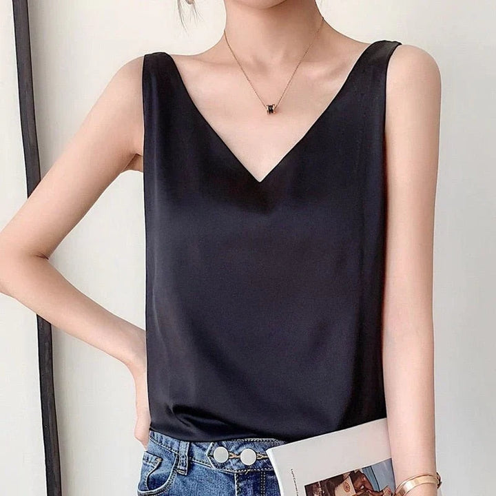 Women's Satin-Look V Neck Tank Top Sleeveless