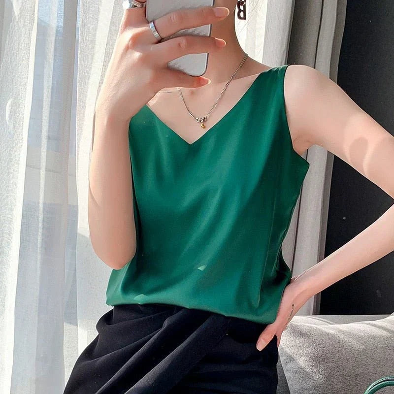 Women's Satin-Look V Neck Tank Top Sleeveless