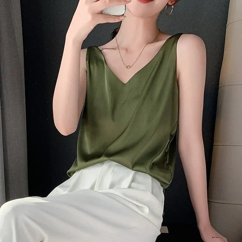 Women's Satin-Look V Neck Tank Top Sleeveless
